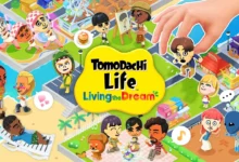 Colorful promotional artwork for Tomodachi Life: Living the Dream featuring various Mii characters engaged in whimsical activities across a vibrant island town, with a giant human hand picking up one of the characters.