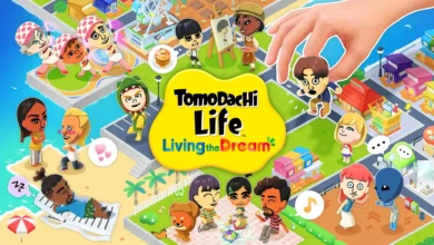 Colorful promotional artwork for Tomodachi Life: Living the Dream featuring various Mii characters engaged in whimsical activities across a vibrant island town, with a giant human hand picking up one of the characters.