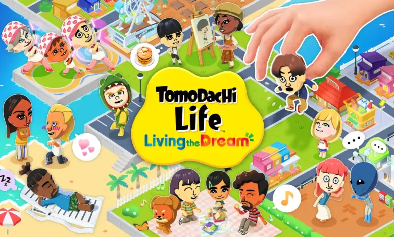 Colorful promotional artwork for Tomodachi Life: Living the Dream featuring various Mii characters engaged in whimsical activities across a vibrant island town, with a giant human hand picking up one of the characters.