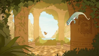A pale blue lizard clings to a carved pillar within ivy-covered ancient ruins that overlook a scenic valley and body of water.