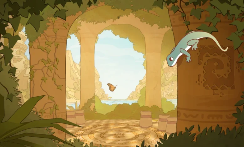 A pale blue lizard clings to a carved pillar within ivy-covered ancient ruins that overlook a scenic valley and body of water.