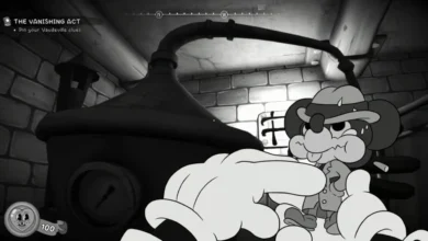 A large gloved hand holds a nervous, tiny mouse detective in a vintage-style black-and-white cartoon video game.