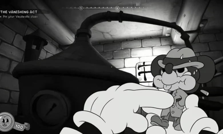A large gloved hand holds a nervous, tiny mouse detective in a vintage-style black-and-white cartoon video game.