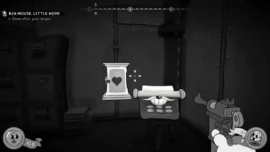 First-person perspective in a black-and-white, rubber-hose style video game, aiming a firearm at an anthropomorphic typewriter next to a door with a heart symbol.