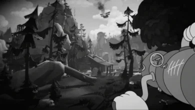 A first-person perspective from a 1930s-style cartoon cockpit overlooking a black-and-white mountainous forest with a distant airplane in the sky.