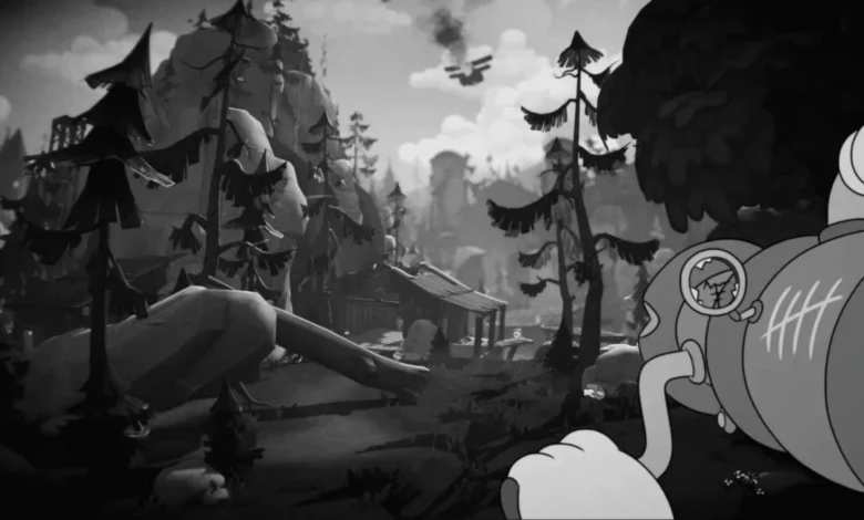 A first-person perspective from a 1930s-style cartoon cockpit overlooking a black-and-white mountainous forest with a distant airplane in the sky.