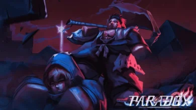 Dramatic digital illustration for the game Paradox featuring a muscular, blocky warrior standing triumphantly over a defeated opponent in a dark, atmospheric environment.