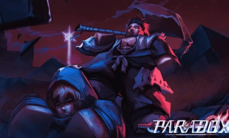 Dramatic digital illustration for the game Paradox featuring a muscular, blocky warrior standing triumphantly over a defeated opponent in a dark, atmospheric environment.