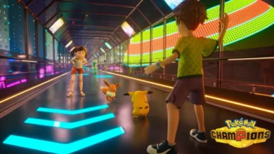 Two young trainers stand with Pikachu and Eevee in a brightly lit, futuristic hallway from Pokémon Champions.