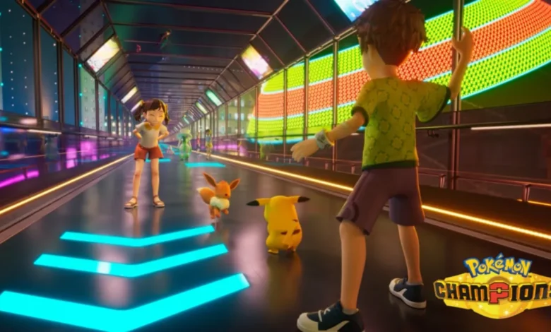 Two young trainers stand with Pikachu and Eevee in a brightly lit, futuristic hallway from Pokémon Champions.
