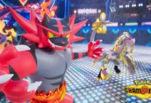 Incineroar and Kommo-o strike battle poses in a crowded stadium arena for Pokémon Champions.