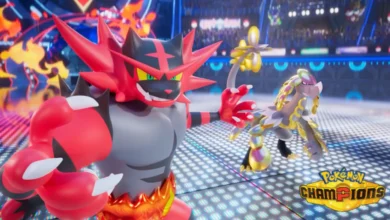 Incineroar and Kommo-o strike battle poses in a crowded stadium arena for Pokémon Champions.