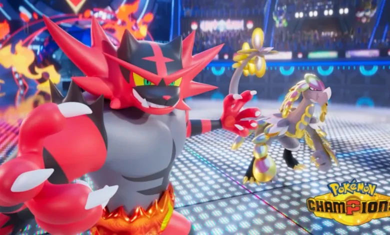 Incineroar and Kommo-o strike battle poses in a crowded stadium arena for Pokémon Champions.
