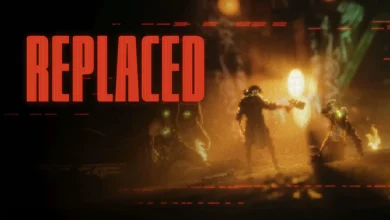 Pixel art promotional image for the video game "REPLACED" featuring a character pointing a gun in a dark, atmospheric setting.