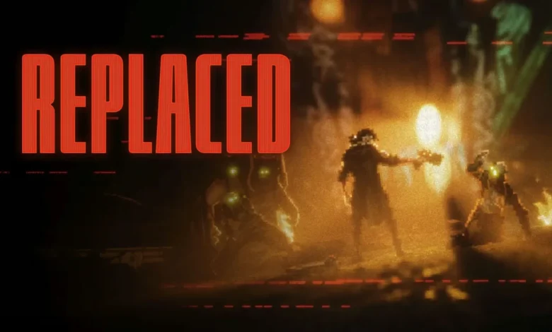 Pixel art promotional image for the video game "REPLACED" featuring a character pointing a gun in a dark, atmospheric setting.