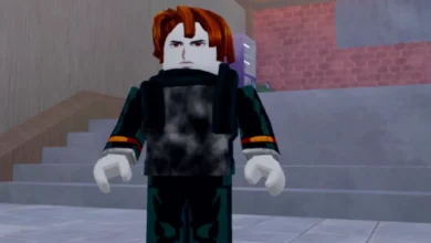 A Roblox avatar with messy orange hair and a detailed anime-style face stands before a set of stairs.