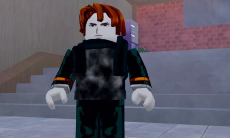 A Roblox avatar with messy orange hair and a detailed anime-style face stands before a set of stairs.