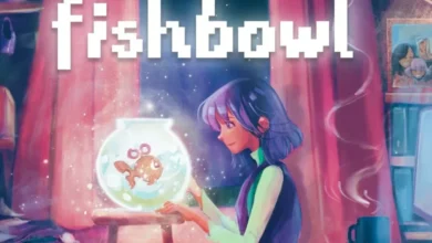 A young woman with purple hair gazes at a glowing mechanical goldfish inside a bowl, set in a cozy room under the pixelated title "fishbowl."