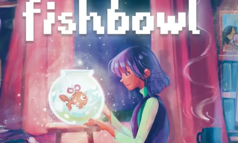 A young woman with purple hair gazes at a glowing mechanical goldfish inside a bowl, set in a cozy room under the pixelated title "fishbowl."