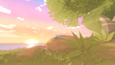 A small blue lizard sits on a rock overlooking a vibrant sunset over the ocean in a stylized digital landscape.