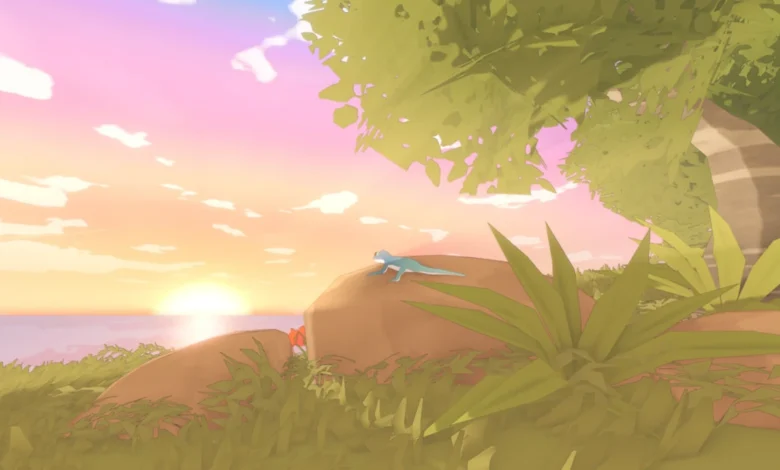 A small blue lizard sits on a rock overlooking a vibrant sunset over the ocean in a stylized digital landscape.