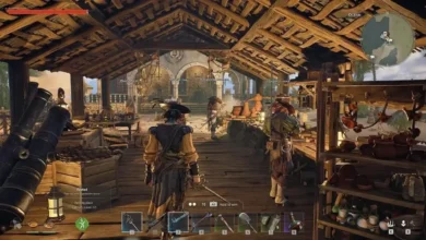 A player character in a pirate-themed video game stands in a rustic, thatched-roof workshop surrounded by NPCs and various nautical supplies.