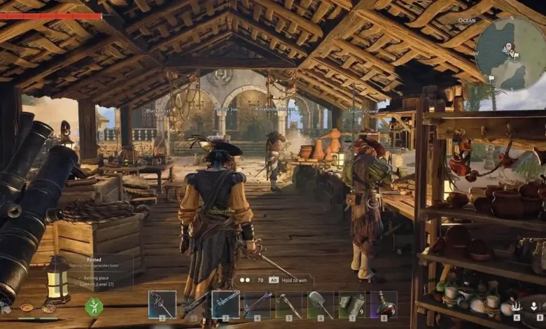 A player character in a pirate-themed video game stands in a rustic, thatched-roof workshop surrounded by NPCs and various nautical supplies.