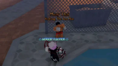 Two Roblox characters, one labeled "Muay Thai Rodtang" and the other "MORIOH'S SAVIOR," face each other in an urban game environment.