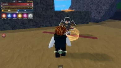 A Roblox player character stands in a safe zone facing a "Group Reward" NPC in a sandy outdoor game setting.