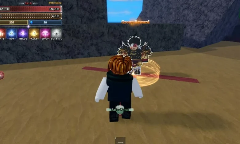 A Roblox player character stands in a safe zone facing a "Group Reward" NPC in a sandy outdoor game setting.