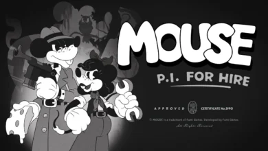 Black and white title card for the video game "MOUSE: P.I. FOR HIRE" featuring two anthropomorphic mouse characters in a vintage rubber hose animation style.