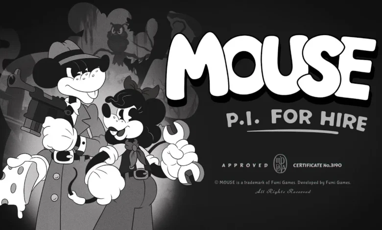 Black and white title card for the video game "MOUSE: P.I. FOR HIRE" featuring two anthropomorphic mouse characters in a vintage rubber hose animation style.