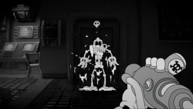 A first-person perspective of a stylized weapon aiming at a melting, rubber-hose cartoon creature in a monochrome, industrial laboratory setting.