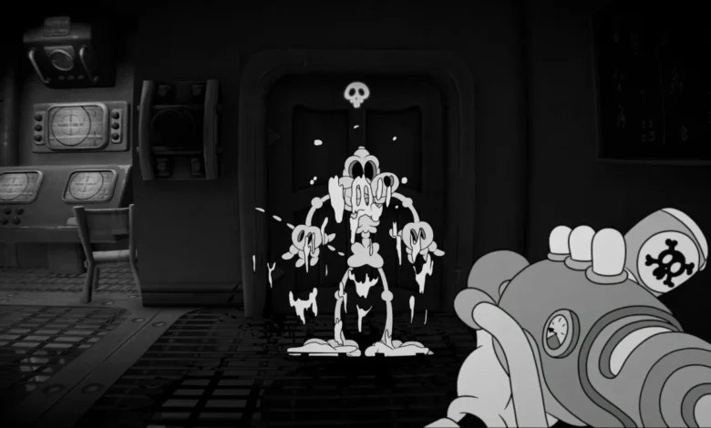 A first-person perspective of a stylized weapon aiming at a melting, rubber-hose cartoon creature in a monochrome, industrial laboratory setting.