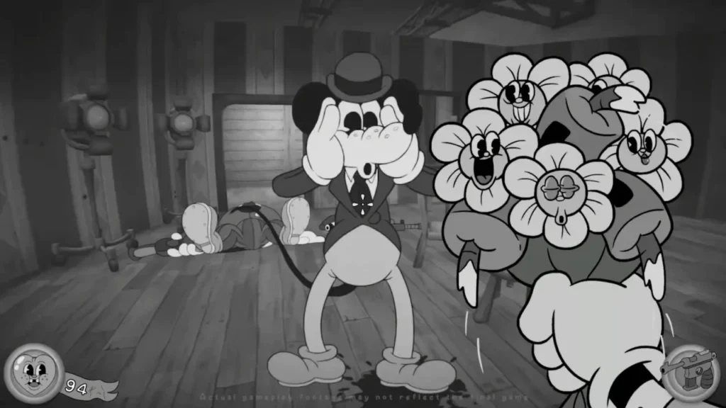 A terrified vintage-style cartoon mouse reacts to a first-person view of a bouquet containing animated flowers and a bomb.