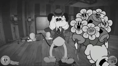 A terrified vintage-style cartoon mouse reacts to a first-person view of a bouquet containing animated flowers and a bomb.