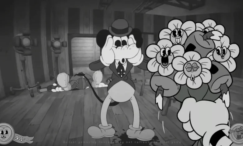 A terrified vintage-style cartoon mouse reacts to a first-person view of a bouquet containing animated flowers and a bomb.