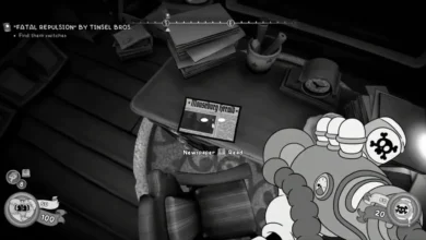 A black-and-white first-person perspective from a video game showing a character with a mechanical weapon looking at a newspaper on a cluttered desk.