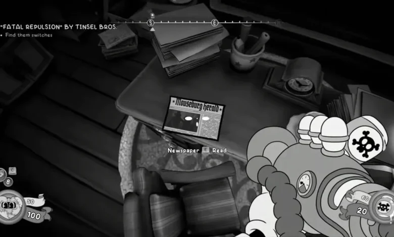 A black-and-white first-person perspective from a video game showing a character with a mechanical weapon looking at a newspaper on a cluttered desk.