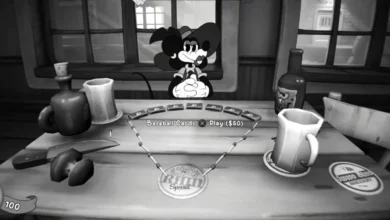 A black and white, 1930s-style cartoon mouse character sits at a tavern table with mugs and playing cards in a scene from a video game.