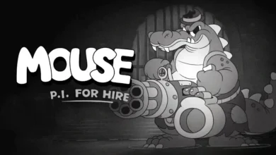 A black and white, 1930s-style cartoon crocodile holding a massive minigun alongside the game title "MOUSE: P.I. FOR HIRE."