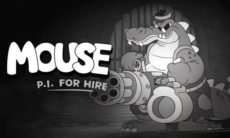 A black and white, 1930s-style cartoon crocodile holding a massive minigun alongside the game title "MOUSE: P.I. FOR HIRE."
