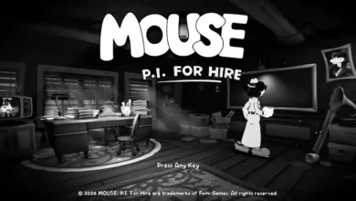 Title screen for the video game "Mouse: P.I. For Hire" featuring a 1930s-style cartoon mouse detective in a black-and-white noir office.
