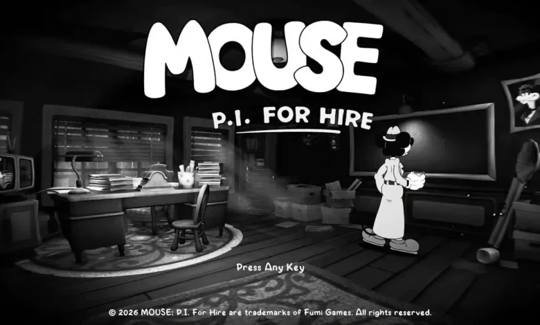Title screen for the video game "Mouse: P.I. For Hire" featuring a 1930s-style cartoon mouse detective in a black-and-white noir office.