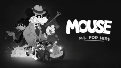 A black and white 1930s rubber-hose style poster for "MOUSE P.I. FOR HIRE" featuring a gritty mouse private investigator in a trench coat holding a gun.