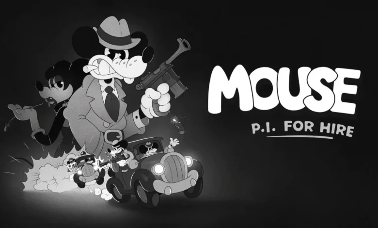 A black and white 1930s rubber-hose style poster for "MOUSE P.I. FOR HIRE" featuring a gritty mouse private investigator in a trench coat holding a gun.