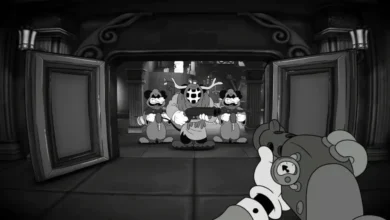 First-person perspective of a vintage black-and-white cartoon shooter game, aiming a retro weapon at three hostile animated characters through an open doorway.