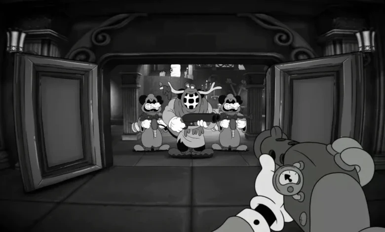 First-person perspective of a vintage black-and-white cartoon shooter game, aiming a retro weapon at three hostile animated characters through an open doorway.