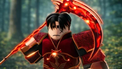 Roblox character in ornate red armor wielding a large, glowing red scythe against a blurred forest background.