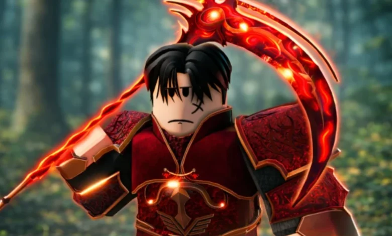 Roblox character in ornate red armor wielding a large, glowing red scythe against a blurred forest background.